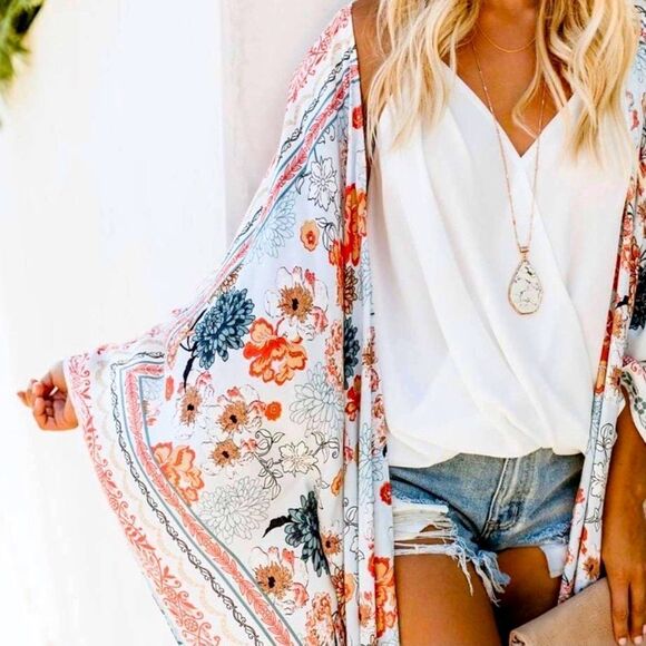 Boho Floral Kimono Duster Cardigan Top - Picture 1 of 8